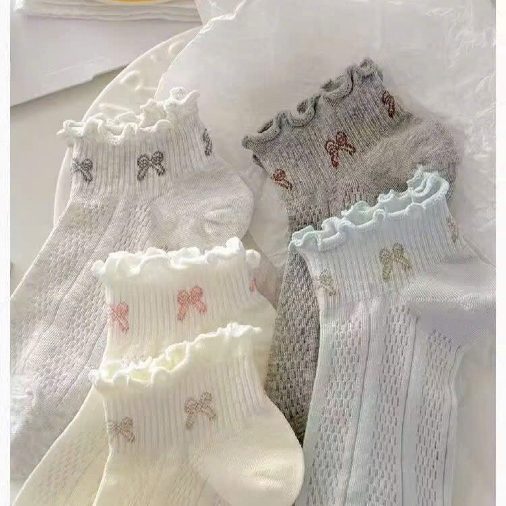 Set 5 Tất Nơ Cổ Ngắn Cotton Dệt Kim Dễ Thương Tất Vớ Nữ