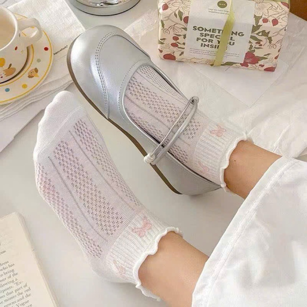 Set 5 Tất Nơ Cổ Ngắn Cotton Dệt Kim Dễ Thương Tất Vớ Nữ