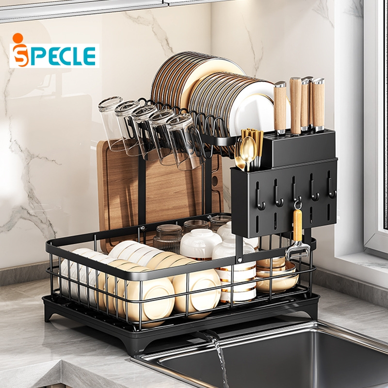 iSPECLE Kệ Úp Chén Bát 2 Tầng Đa Năng - Giá Treo Cốc, Khay Thoát Nước Tự Động, Thép Carbon Cao Cấp