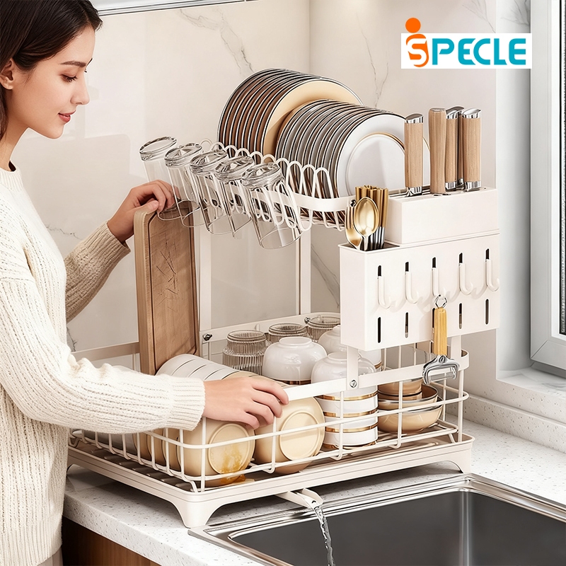 iSPECLE Kệ Úp Chén Bát 2 Tầng Đa Năng - Giá Treo Cốc, Khay Thoát Nước Tự Động, Thép Carbon Cao Cấp