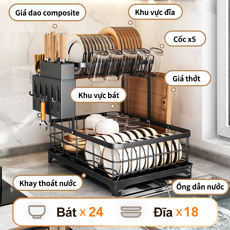 iSPECLE Kệ Úp Chén Bát 2 Tầng Đa Năng - Giá Treo Cốc, Khay Thoát Nước Tự Động, Thép Carbon Cao Cấp