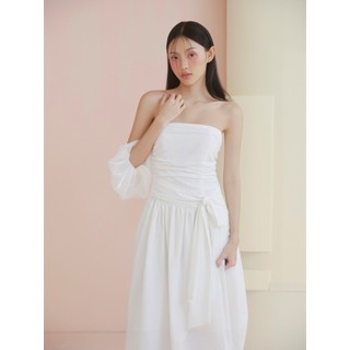 Đầm OLV cúp ngực dáng dài sang trọng White Ruched Tie Waist Dress thanh lịch