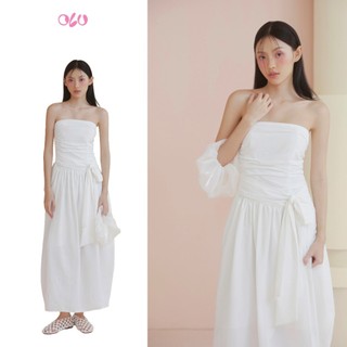 Đầm OLV cúp ngực dáng dài sang trọng White Ruched Tie Waist Dress thanh lịch