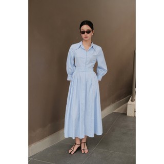 Váy sơ mi nữ kẻ sọc dáng xoè tay dài, kèm đai Mio Lady VA022