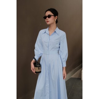 Váy sơ mi nữ kẻ sọc dáng xoè tay dài, kèm đai Mio Lady VA022
