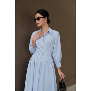 Váy sơ mi nữ kẻ sọc dáng xoè tay dài, kèm đai Mio Lady VA022