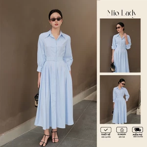 Váy sơ mi nữ kẻ sọc dáng xoè tay dài, kèm đai Mio Lady VA022