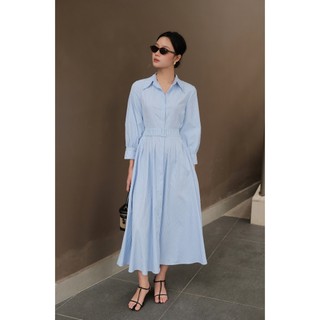 Váy sơ mi nữ kẻ sọc dáng xoè tay dài, kèm đai Mio Lady VA022