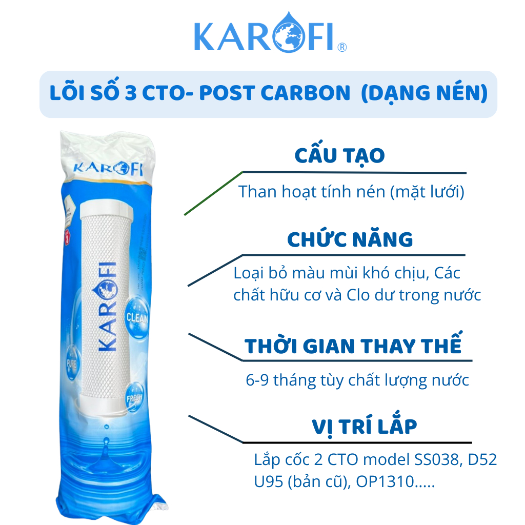 Lõi Lọc Smax Duo 3 Post Carbon Karofi - CTO Lưới Than Hoạt Tính Lắp Ở Vị Trí Số 2 Hoặc 3 Tùy Model Cho Máy Lọc RO