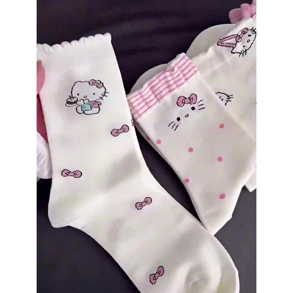 Set 10 đôi Tất Vớ màu kem hello kitty cổ cao phong cách Lolita co giãn dễ thương cotton 4 chiều