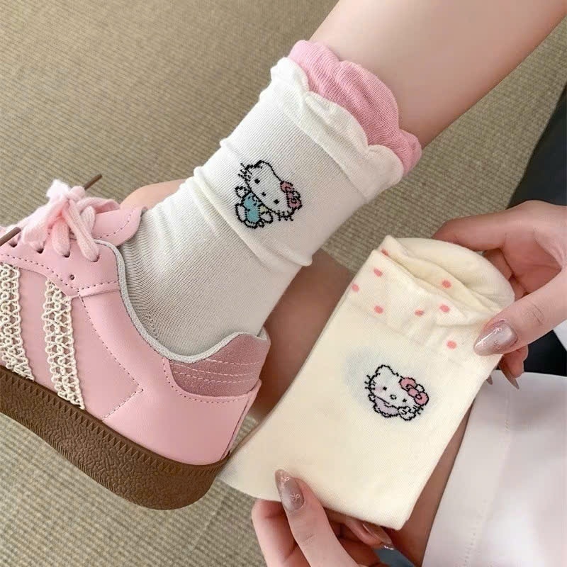 Set 10 đôi Tất Vớ màu kem hello kitty cổ cao phong cách Lolita co giãn dễ thương cotton 4 chiều