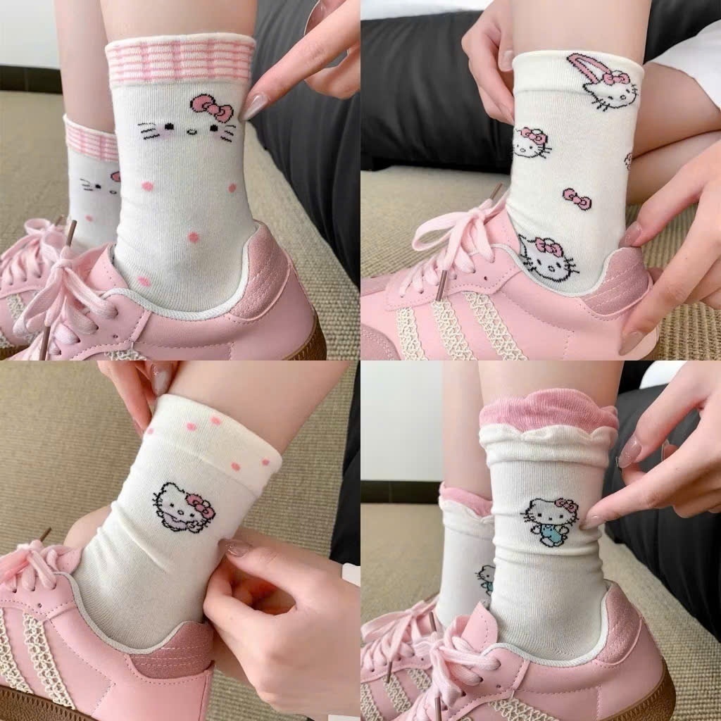 Set 10 đôi Tất Vớ màu kem hello kitty cổ cao phong cách Lolita co giãn dễ thương cotton 4 chiều