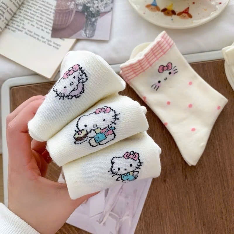 Set 10 đôi Tất Vớ màu kem hello kitty cổ cao phong cách Lolita co giãn dễ thương cotton 4 chiều