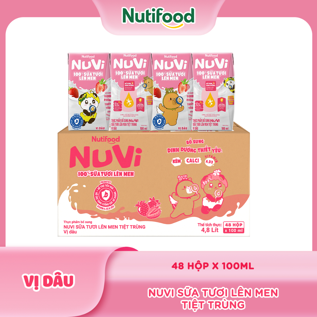 Thùng 48 Hộp Sữa Tươi Lên Men Tiệt Trùng Nuvi vị Dâu 100ml