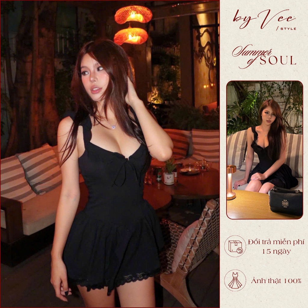 Váy Đầm 2 dây chân váy viền ren Clara Dress ByVee Style, Đầm đen tùng xòe tôn V1 có mút