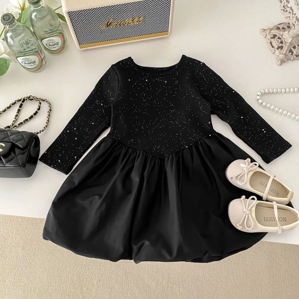 Váy Dài Tay Bé Gái Hania Kids Váy Liền Thân Lấp Lánh Blink Blink, Phù Hợp Mùa Thu Đông