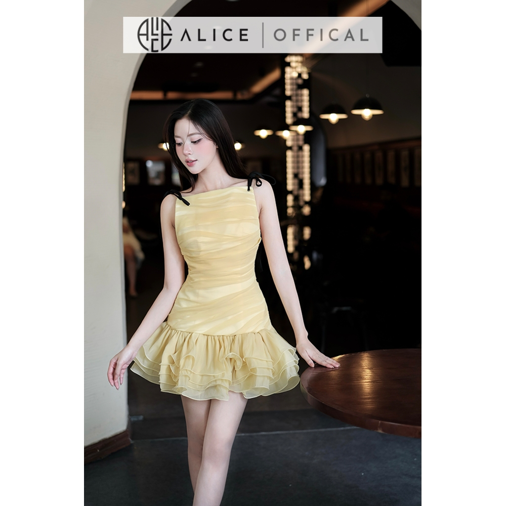 Váy Dự Tiệc Tiểu Thư Alice Chất Tơ Xốp Xếp Ly Chéo, Đầm Ôm Body Đuối Váy Xếp Li Nhiều Tầng Cổ Vuông Ngang Vai T309