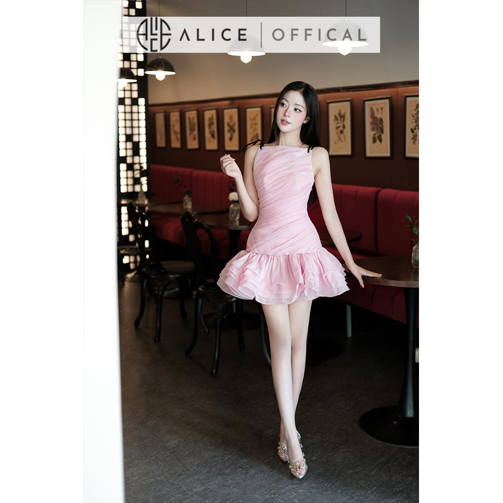 Váy Dự Tiệc Tiểu Thư Alice Chất Tơ Xốp Xếp Ly Chéo, Đầm Ôm Body Đuối Váy Xếp Li Nhiều Tầng Cổ Vuông Ngang Vai T309