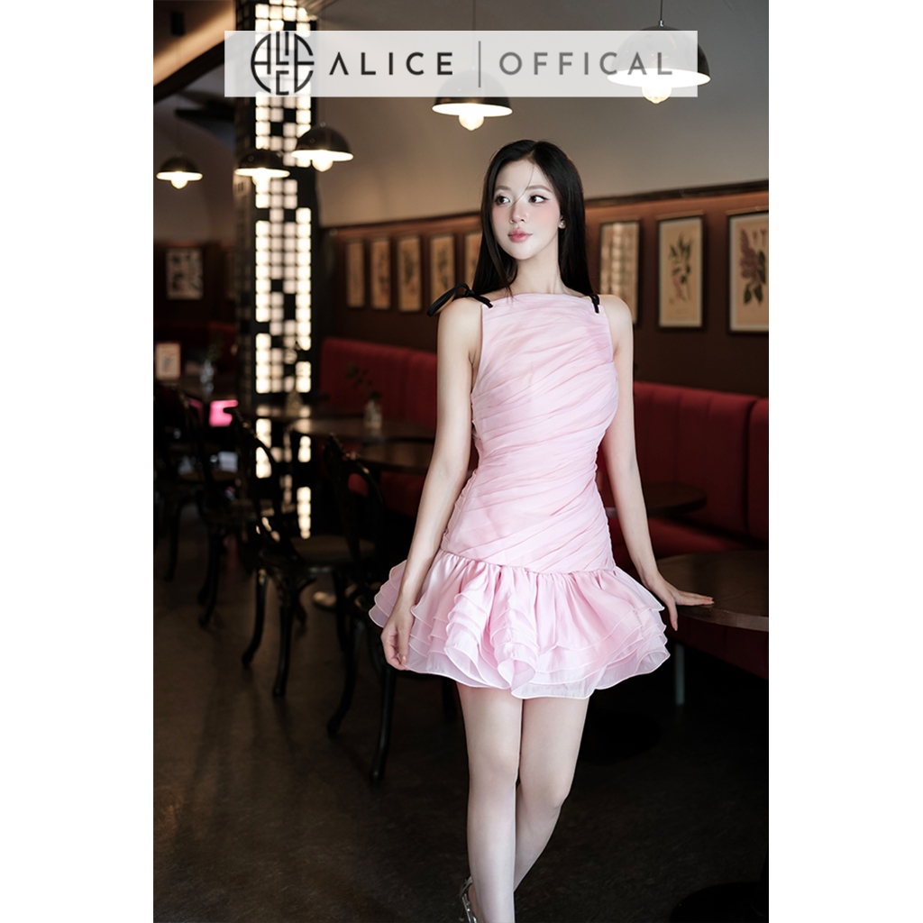 Váy Dự Tiệc Tiểu Thư Alice Chất Tơ Xốp Xếp Ly Chéo, Đầm Ôm Body Đuối Váy Xếp Li Nhiều Tầng Cổ Vuông Ngang Vai T309