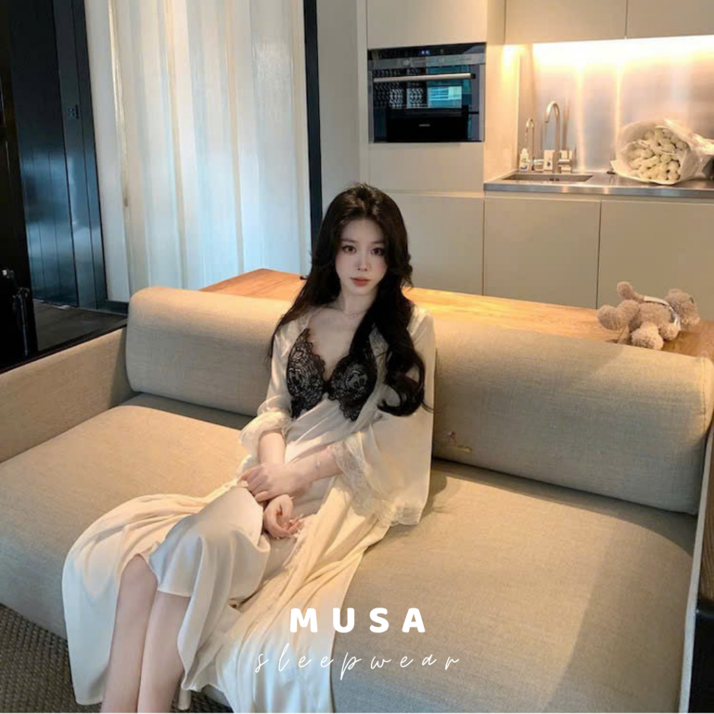 Váy ngủ lụa cao cấp MUSA phối ren dáng dài hở lưng cổ chữ V gợi cảm sexy quyến rũ có đệm mút V081
