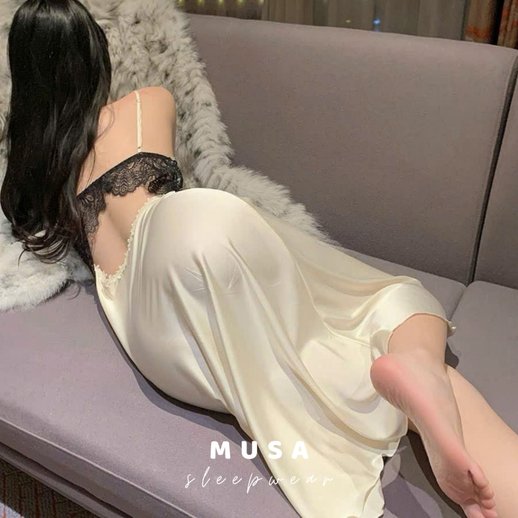 Váy ngủ lụa cao cấp MUSA phối ren dáng dài hở lưng cổ chữ V gợi cảm sexy quyến rũ có đệm mút V081