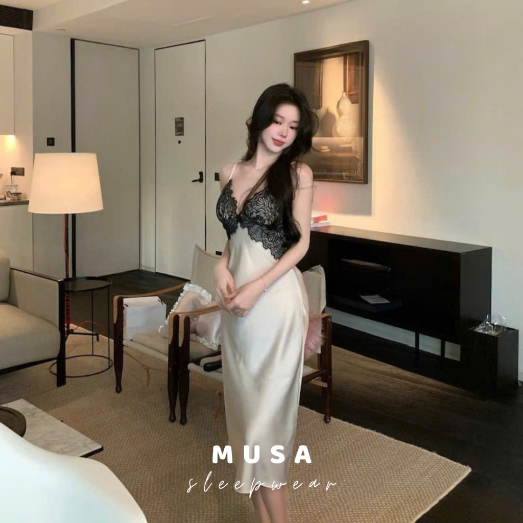 Váy ngủ lụa cao cấp MUSA phối ren dáng dài hở lưng cổ chữ V gợi cảm sexy quyến rũ có đệm mút V081