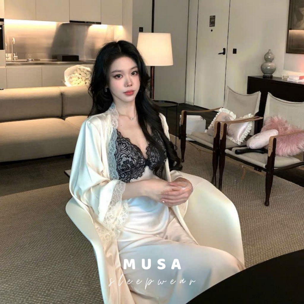 Váy ngủ lụa cao cấp MUSA phối ren dáng dài hở lưng cổ chữ V gợi cảm sexy quyến rũ có đệm mút V081