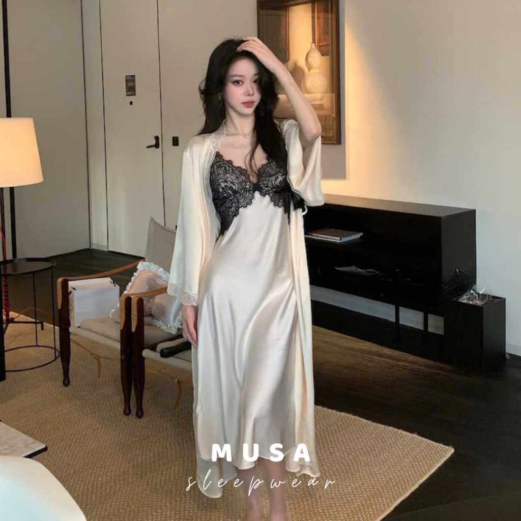 Váy ngủ lụa cao cấp MUSA phối ren dáng dài hở lưng cổ chữ V gợi cảm sexy quyến rũ có đệm mút V081