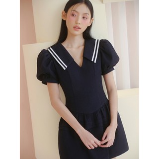 Đầm OLV cổ V thủy thủ dáng chiết eo năng động Navy Puff Sleeves Sailor Dress phù hợp đi chơi đi làm
