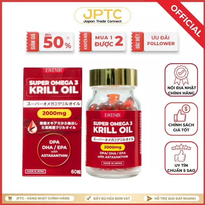 Dầu Nhuyễn Thể Siêu Omega 3 Krill Oil 2000mng Eikenbi Nhật Bản - Hộp 60 viên JPTC