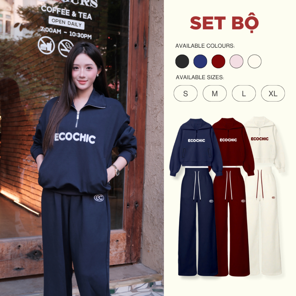 Set Bộ Dài ECOCHIC Áo Cổ Halfzip Logo Thêu Ngực Quần Suông Basic Dây Rút Chất Liệu Cao Cấp Chính Hãng B183