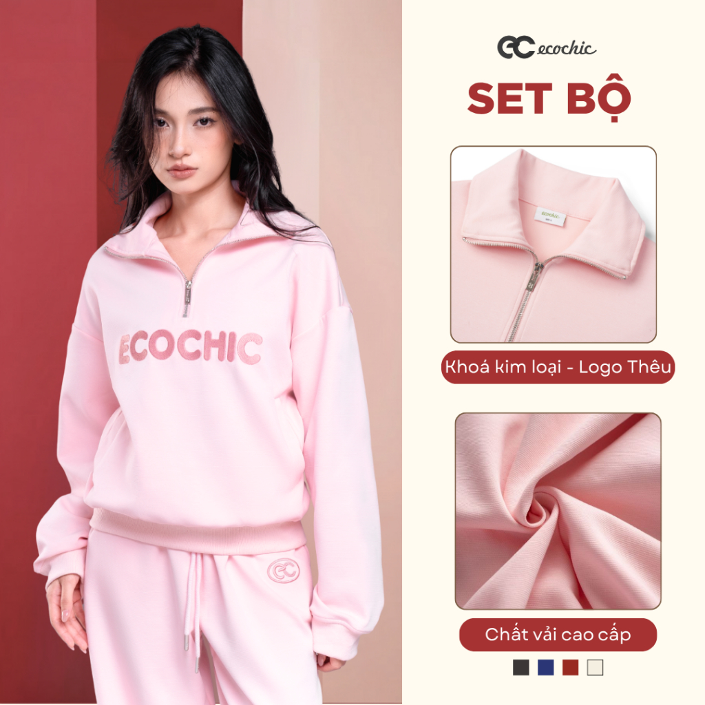 Set Bộ Dài ECOCHIC Áo Cổ Halfzip Logo Thêu Ngực Quần Suông Basic Dây Rút Chất Liệu Cao Cấp Chính Hãng B183