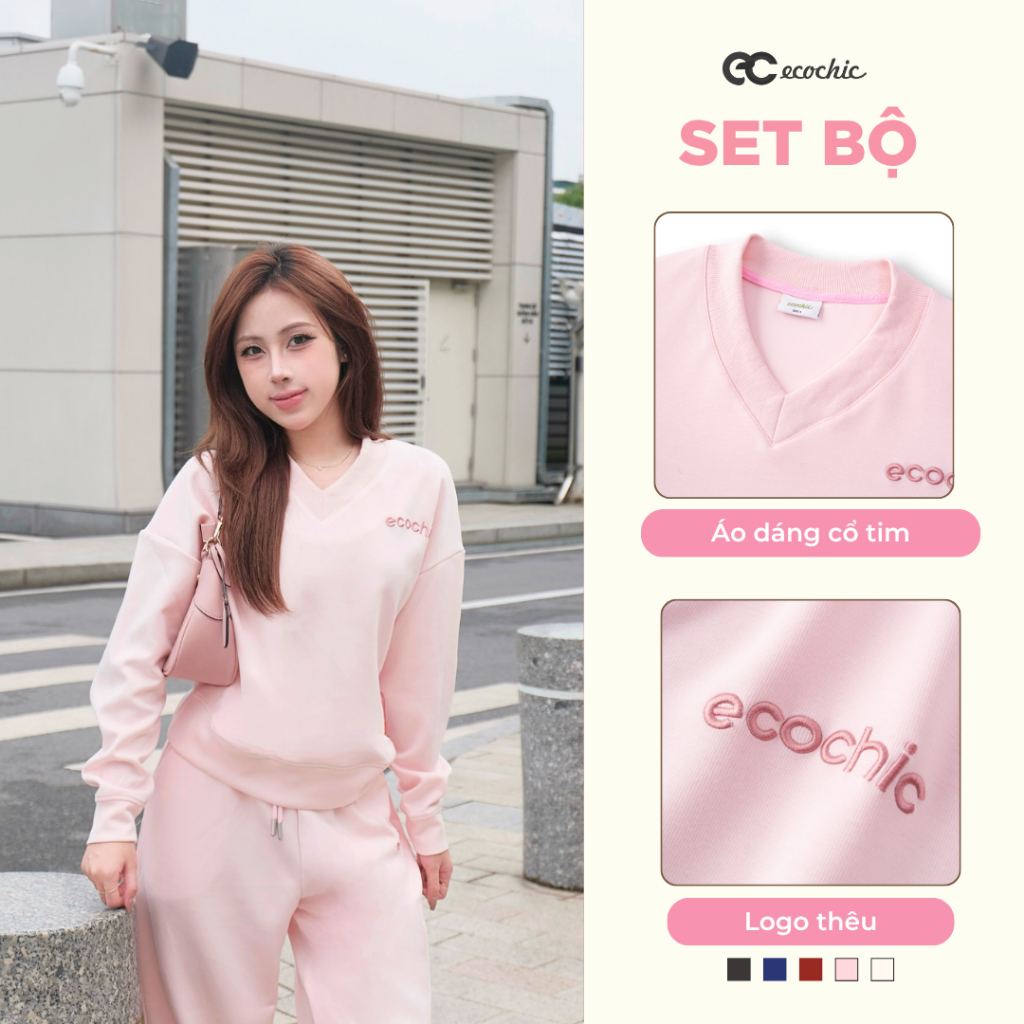 (LINK SALE) Set Bộ Dài ECOCHIC Áo Cổ Chữ V Quần Suông Dây Rút Chất Liệu Cao Cấp Mềm Mịn Chính Hãng B184