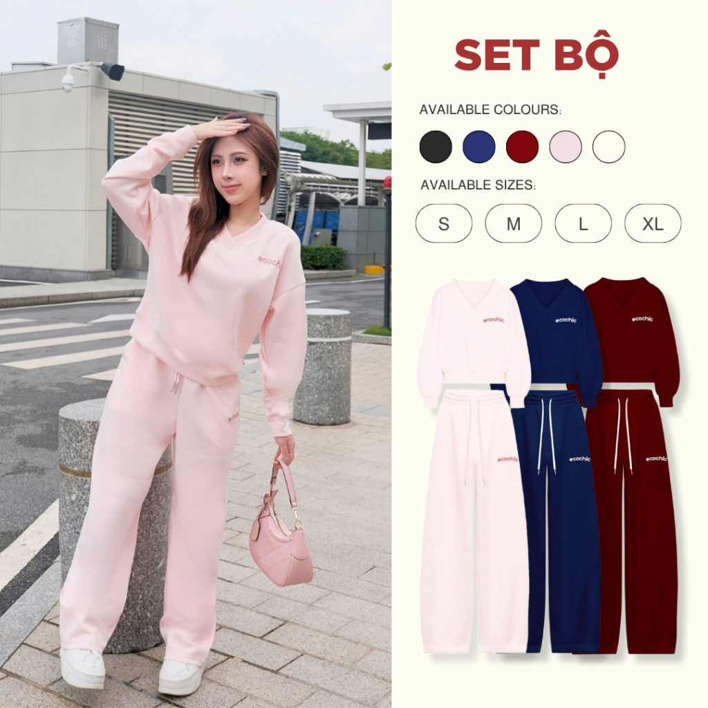 (LINK SALE) Set Bộ Dài ECOCHIC Áo Cổ Chữ V Quần Suông Dây Rút Chất Liệu Cao Cấp Mềm Mịn Chính Hãng B184