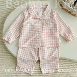Pijama cho bé trai bé gái size 10-30kg hoạ tiết caro, đồ ngủ dài tay thu đông cho bé chất cotton dày dặn