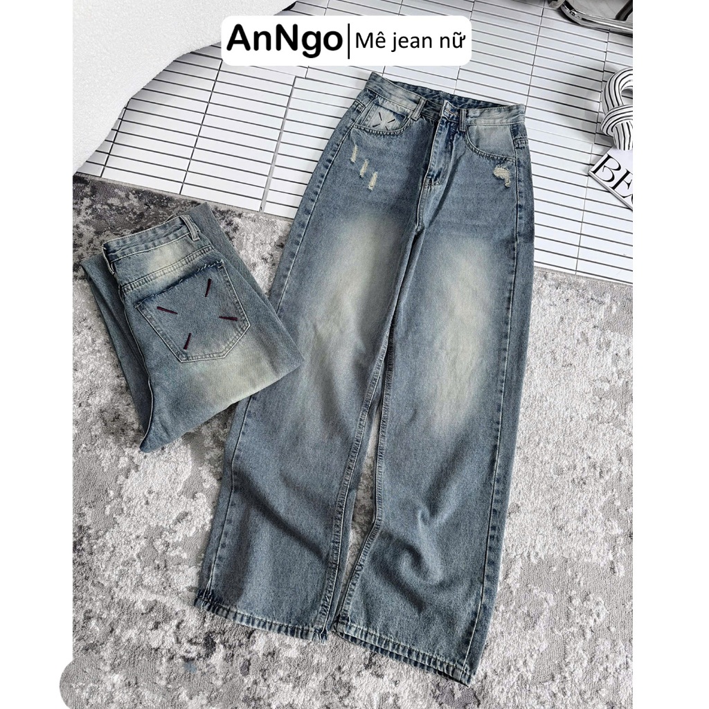 Quần jean ống suông nữ thêu túi cá tính, chất jean denim không giãn dày dặn Anngo - AT553