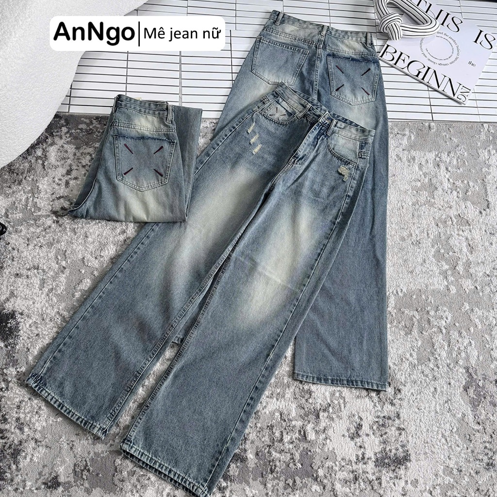 Quần jean ống suông nữ thêu túi cá tính, chất jean denim không giãn dày dặn Anngo - AT553