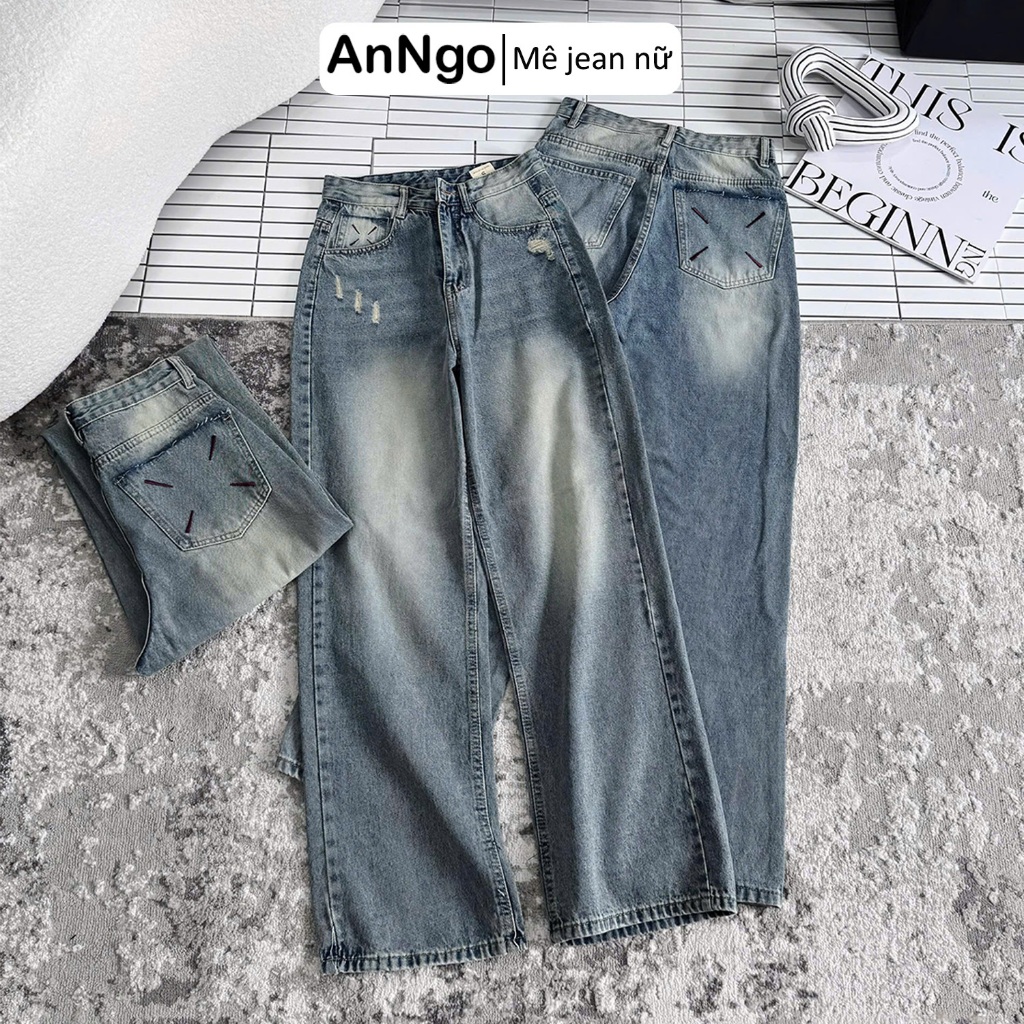Quần jean ống suông nữ thêu túi cá tính, chất jean denim không giãn dày dặn Anngo - AT553