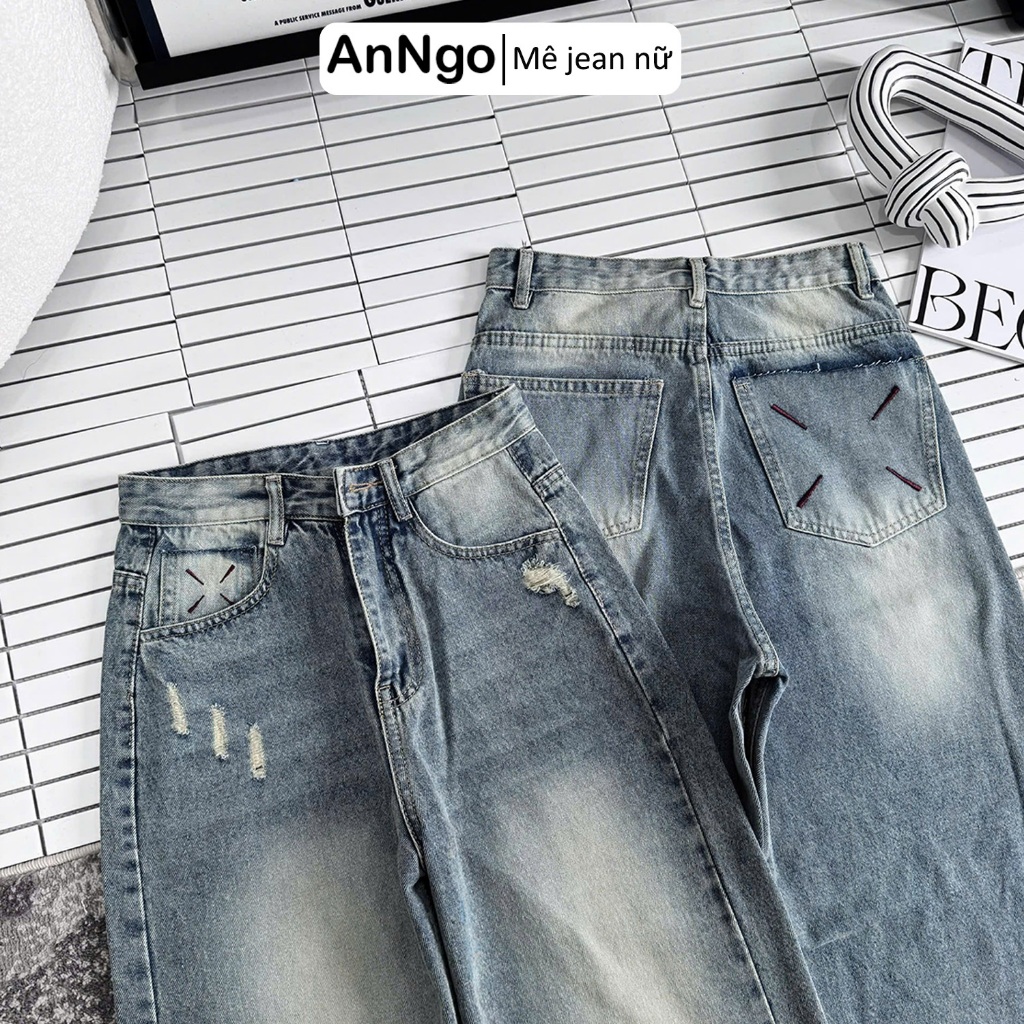 Quần jean ống suông nữ thêu túi cá tính, chất jean denim không giãn dày dặn Anngo - AT553