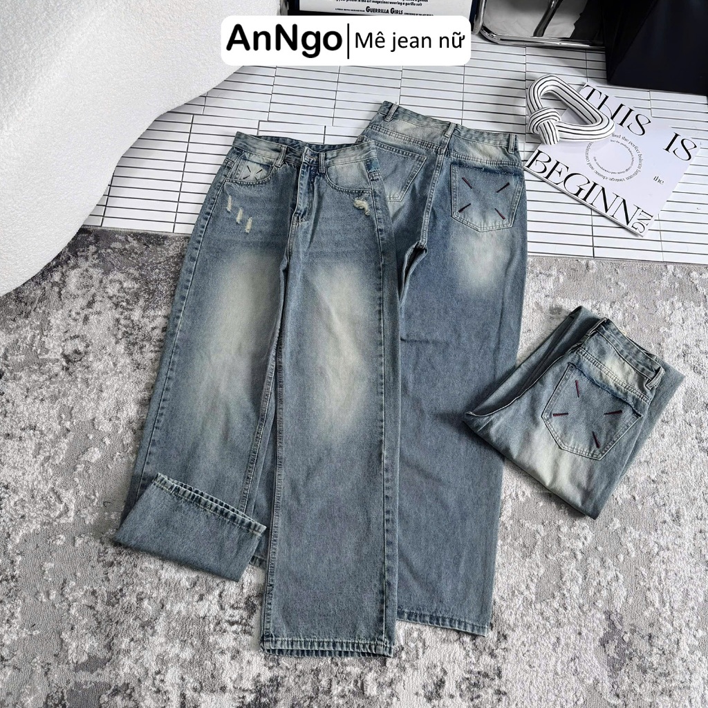 Quần jean ống suông nữ thêu túi cá tính, chất jean denim không giãn dày dặn Anngo - AT553