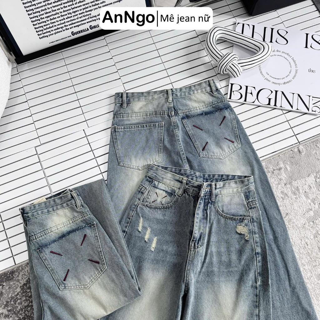 Quần jean ống suông nữ thêu túi cá tính, chất jean denim không giãn dày dặn Anngo - AT553
