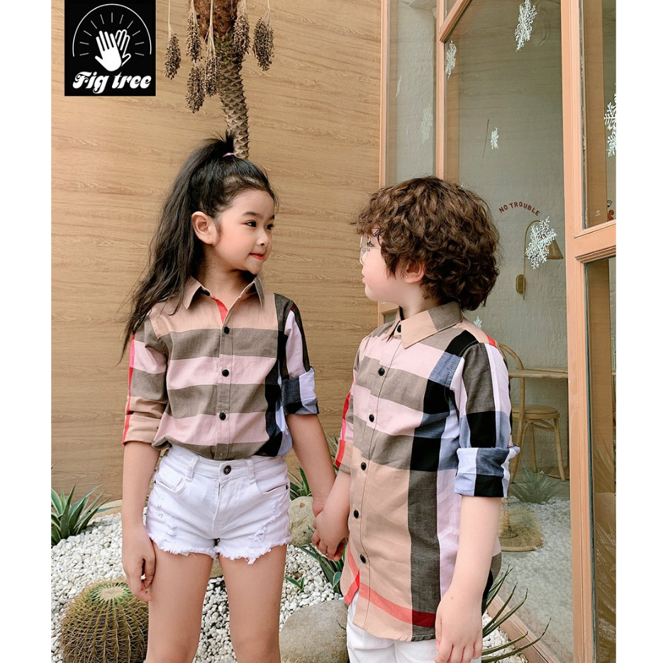 Set Áo Sơ Mi Gia Đình Fig Tree Caro Màu Kem Đen Trắng( chất cotton mềm mát -full size từ 7kg -100kg)