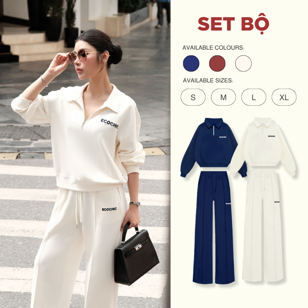 Set Bộ ECOCHIC ETERNAL WINTER Áo Crop Cổ Halfzip Quần Suông Dây Rút Chất Liệu Cao Cấp Chính Hãng B191