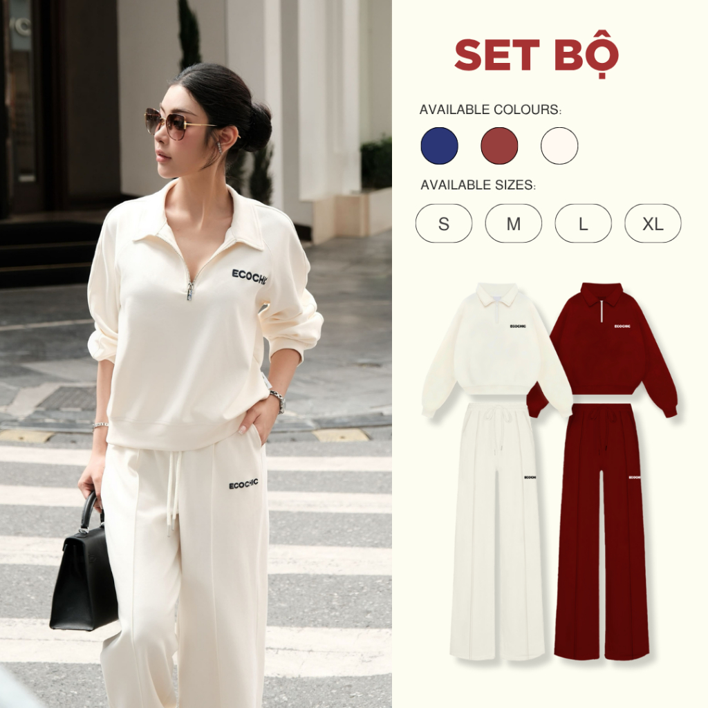 Set Bộ ECOCHIC ETERNAL WINTER Áo Crop Cổ Halfzip Quần Suông Dây Rút Chất Liệu Cao Cấp Chính Hãng B191