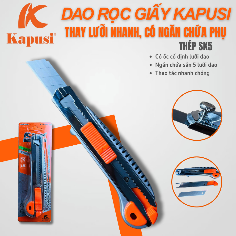 Dao Rọc Giấy Thay Lưỡi Nhanh Kapusi K8748 – Thép SK5 Sắc Bén | Có Ngăn Chứa Lưỡi Dự Phòng