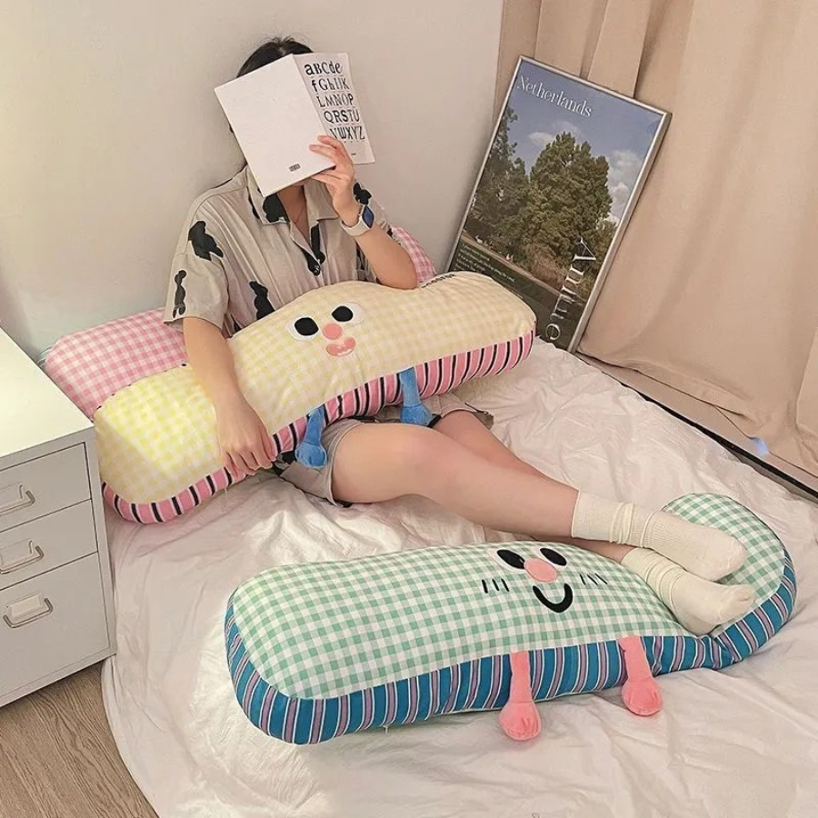 Gối Ôm Dài Hoạt Hình Dễ Thương, Vỏ Kẻ Caro Mềm Mịn, Gối Ôm Ngủ Trang Trí Giường Sofa