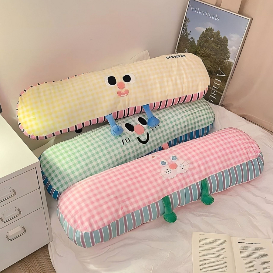 Gối Ôm Dài Hoạt Hình Dễ Thương, Vỏ Kẻ Caro Mềm Mịn, Gối Ôm Ngủ Trang Trí Giường Sofa