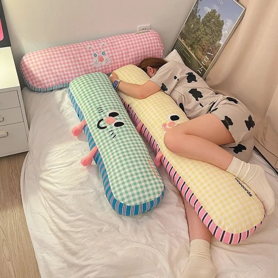 Gối Ôm Dài Hoạt Hình Dễ Thương, Vỏ Kẻ Caro Mềm Mịn, Gối Ôm Ngủ Trang Trí Giường Sofa