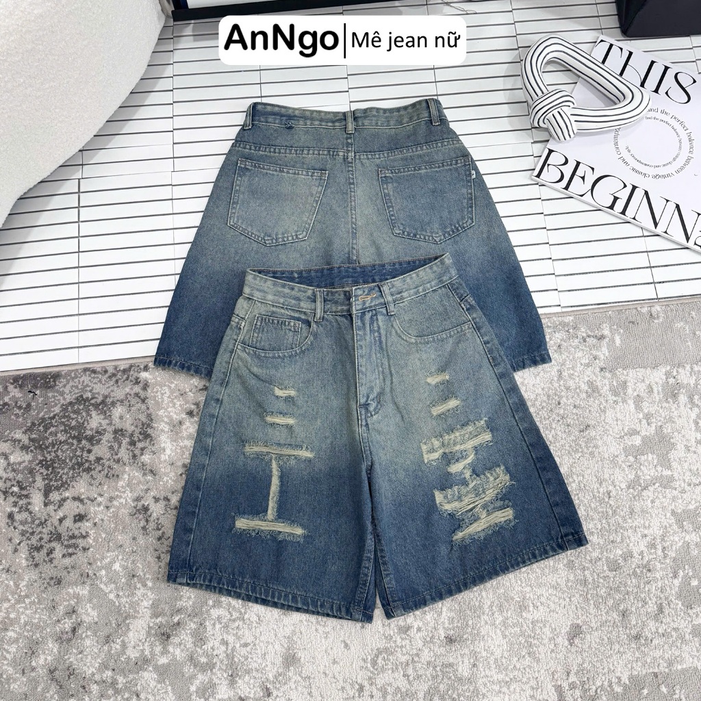 (Có big size) Quần jean ngố nữ rách ống rộng loang màu cực xinh, chất jean denim không giãn Anngo - AT554