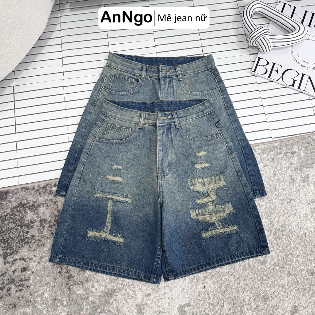 (Có big size) Quần jean ngố nữ rách ống rộng loang màu cực xinh, chất jean denim không giãn Anngo - AT554